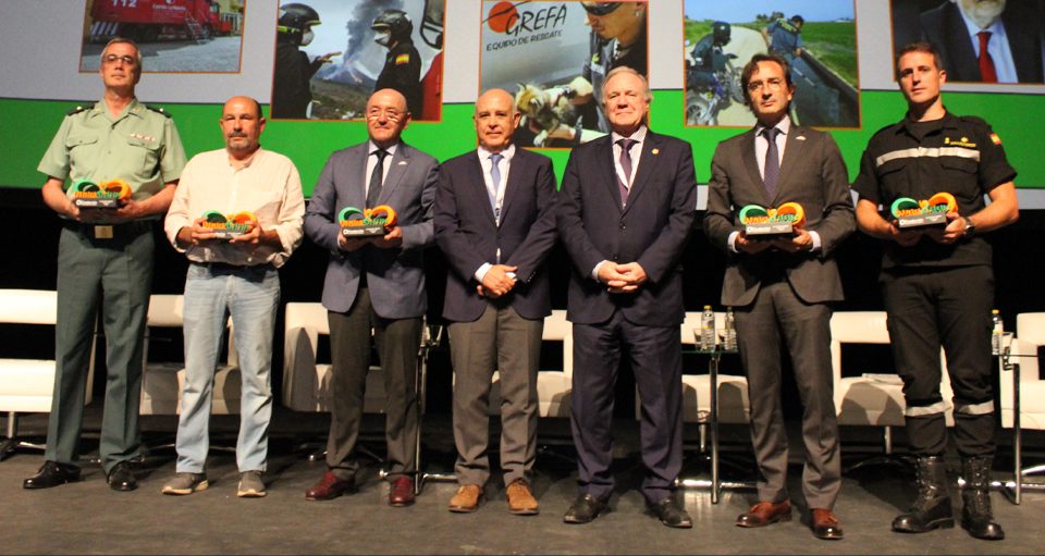 De izquierda a derecha, Juan José Díaz, Jefe de la Unidad de Protección de la Naturaleza de la Zona de Castilla-La Mancha (SEPRONA); Fernando Garcés, Secretario General de GREFA; Emilio Puig, Director General de Protección Ciudadana de Castilla-La Mancha; David Merino, Director General de Carreteras de la Junta de Castilla-La Mancha; Juan Francisco Lazcano, Presidente de la Fundación de la Asociación Española de la Carretera; Luis María Navarro, Director de la Fundación Typsa para la Cooperación, que recogió el Premio en nombre e Pablo Bueno, y Miguel Ángel Ballesteros, Jefe de Planes y Relaciones Institucionales del Primer Batallón de la UME.
