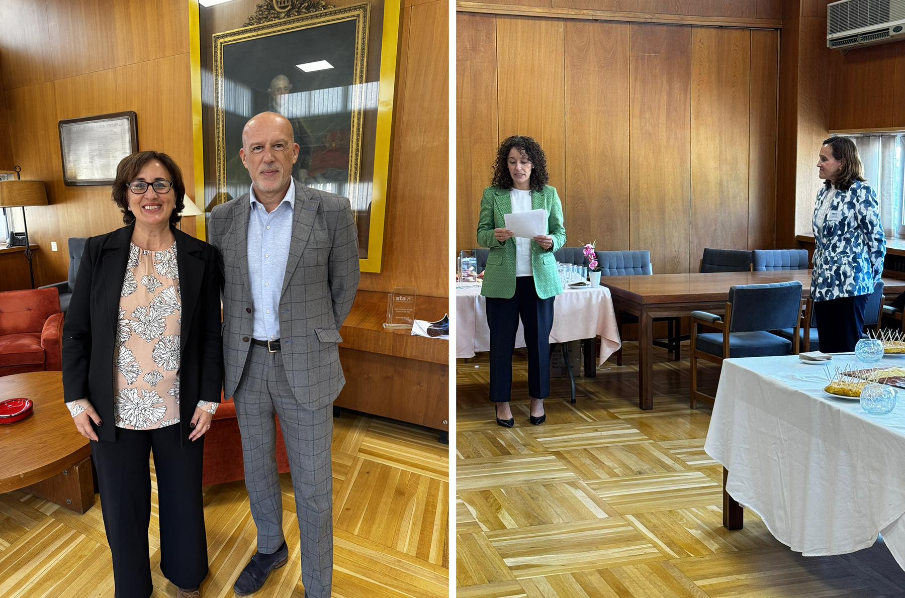 El Director General de la AEC, Jacobo Díaz, posa con Emanuela Stocchi tras recibir el Premio de la STA a la “Persona del Año”. Inmaculada Montes (a la izda.) interviene tras recoger el Premio a la Mejor Solución Innovadora.